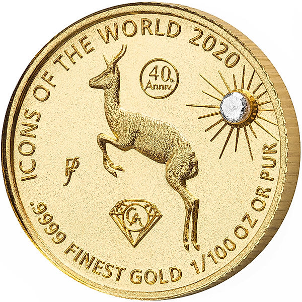 10 Francs Ruanda Goldmünze m. Diamant, Icons of the World Springbock 2020