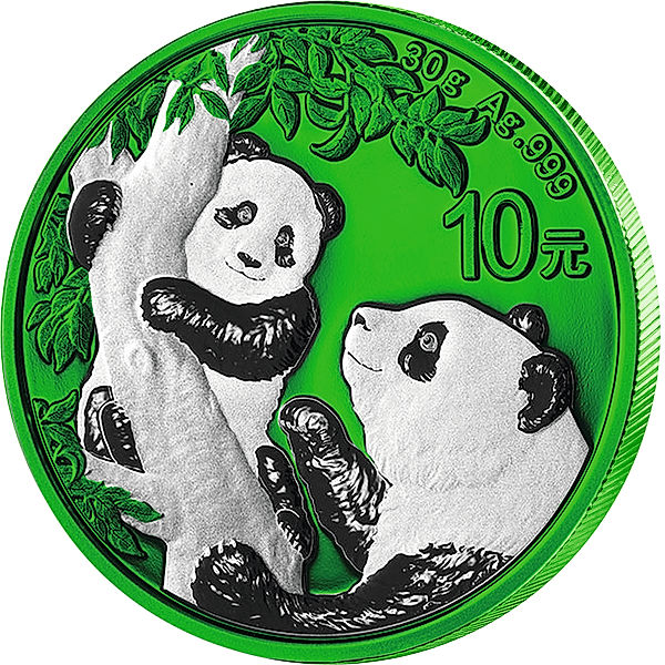 10 Yuan China Silbermünze Panda 2021, Space Green koloriert