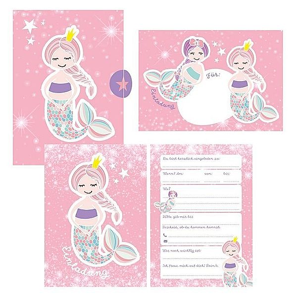 12 Glitzer Einladungskarten Meerjungfrau zum Geburtstag für Mädchen inkl. Umschläge rosa glitzernde Geburtstagseinladungen für Kinder, Lisa Wirth