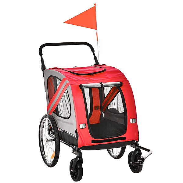2-in-1 Hundewagen und Anhänger mit Luftpumpe und roter Fahne grau (Farbe: rot)