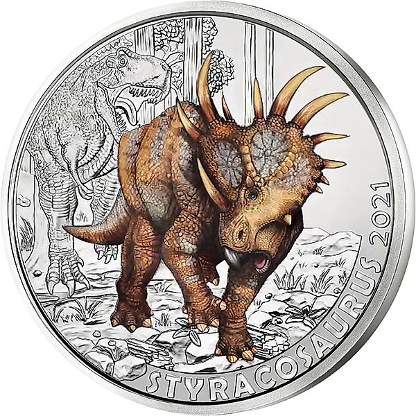 3 Euro Österreich Kupfermünze Super-Saurier - Styracosaurus 2021, koloriert