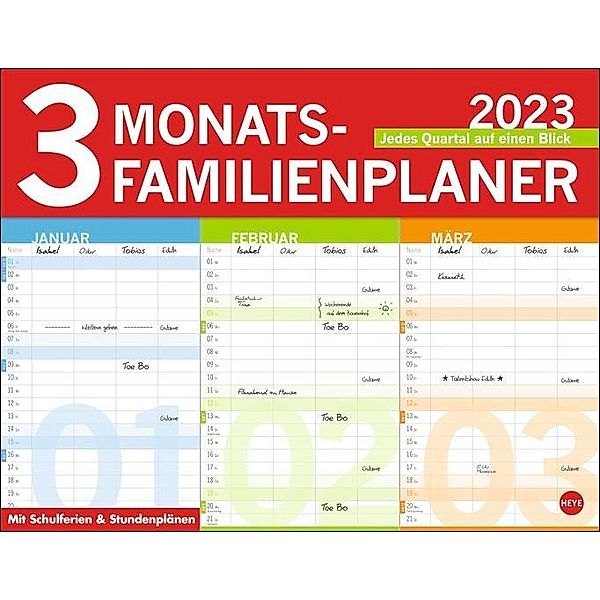 3-Monats-Familienplaner 2023. Familienkalender mit 3 Monats-Übersicht. Praktischer Familien-Wandkalender mit viel Platz