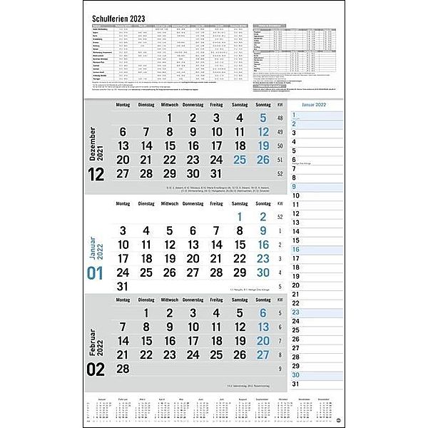 3-Monats-Planer 2023 mit Klappfälzel für Ferientermine. Praktischer Wandplaner mit Datumsschieber. Büro-Kalender mit Not