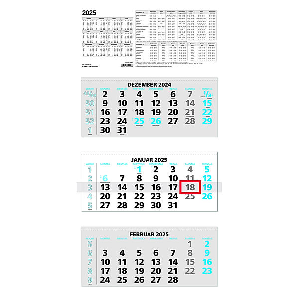 3-Monatskalender 2025 - 33,5x71 blau - mit Kopftafel - Datumsschieber - 5 sprachig - 3 Blöcke - 953-0015