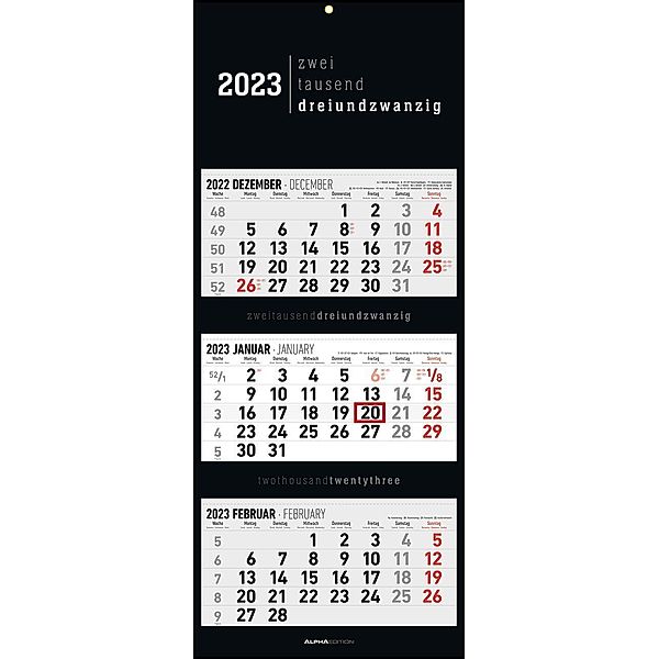 3-Monatskalender Black 2023 - Büro-Kalender 33x80 cm (geöffnet) - faltbar - mit Datumsschieber - Alpha Edition