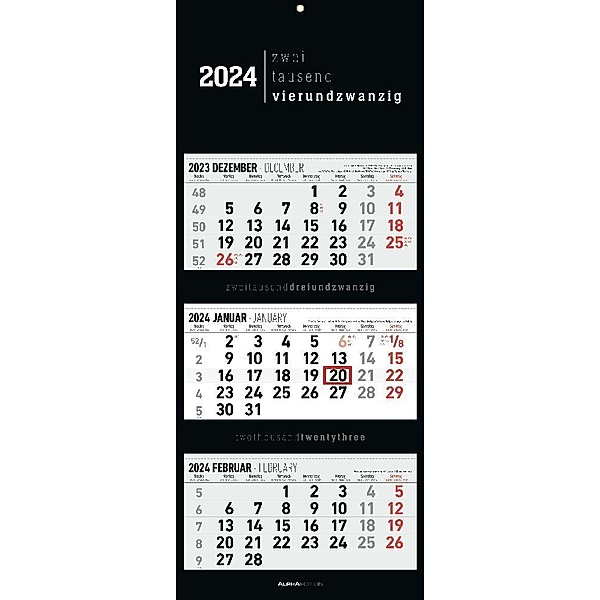 3-Monatskalender Black 2024 - Büro-Kalender 33x20 cm (geschlossen), 33x80 cm (geöffnet) - faltbar - mit Datumsschieber - Alpha Edition