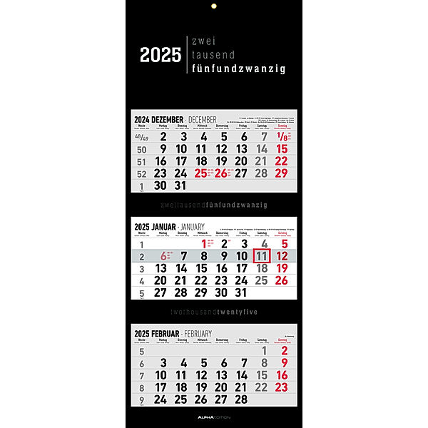 3-Monatskalender Black 2025 - Büro-Kalender 33x20 cm (geschlossen), 33x80 cm (geöffnet) - faltbar - mit Datumsschieber - Alpha Edition