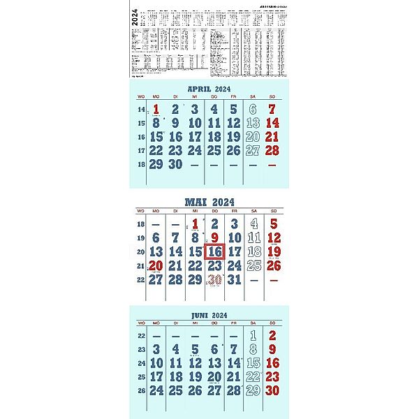 3-Monatskalender blau/rot 2024 - 29,7x78 - mit Kopftafel - gefaltet -  Datumsschieber - 952-0000