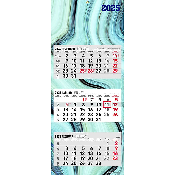 3-Monatskalender Design 2025 - Büro-Kalender 33x20 cm (geschlossen), 33x80 cm (geöffnet) - faltbar - mit Datumsschieber - Alpha Edition