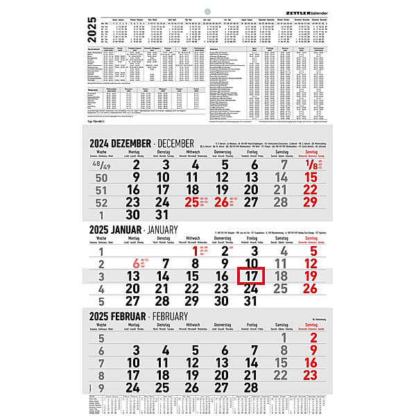 3-Monatskalender groß 2025 - Büro-Kalender 30x48,8 cm (geöffnet) - mit Datumsschieber - Zettler - 954-0011