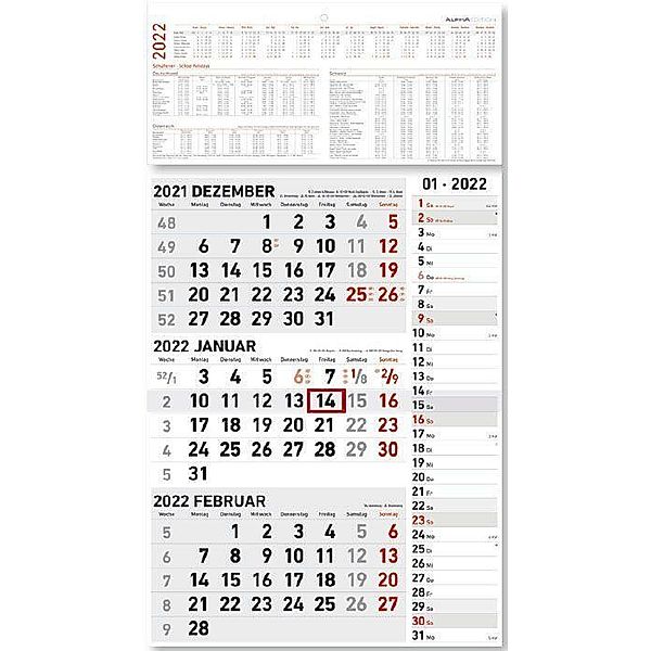 3-Monatskalender Kombi 2022 - Büro-Kalender 33x58,8 cm (geöffnet) mit Datumsschieber - Alpha Edition