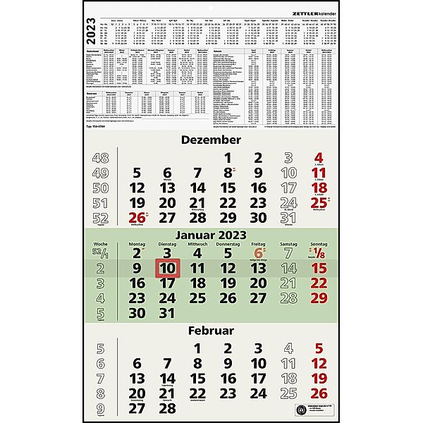 3-Monatskalender Recycling 2023 - 29,7x48,8 cm - mit Kopftafel und Datumsschieber - Blauer Engel - Mehrmonatsplaner - 95