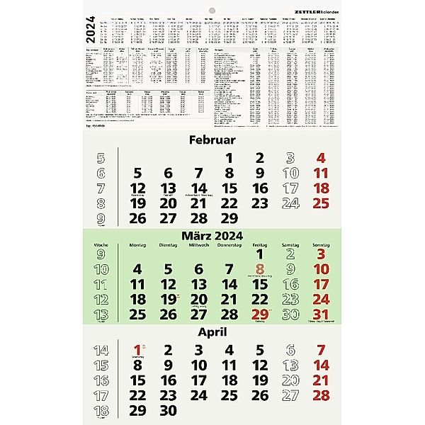 3-Monatskalender Recycling 2024 - 29,7x48,8 cm - mit Kopftafel und Datumsschieber - Blauer Engel - Mehrmonatsplaner - 956-0700