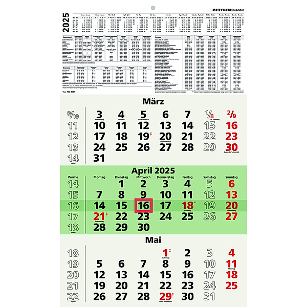 3-Monatskalender Recycling 2025 - 29,7x48,8 cm - mit Kopftafel und Datumsschieber - Blauer Engel - Mehrmonatsplaner - 956-0700
