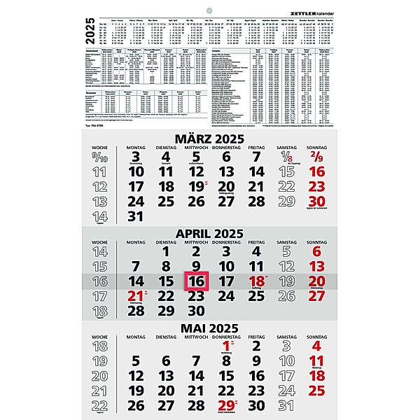 3-Monatskalender schwarz/rot 2025 - 29,7x48,8 - mit Kopftafel - Datumsschieber - 956-0000