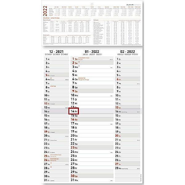 3-Monatskalender Streifenplaner 2022 - Büro-Kalender 33x58,7 cm (geöffnet) - mit Datumsschieber - Alpha Edition