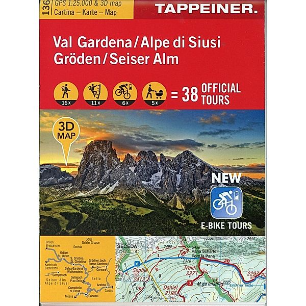 3D-Wanderkarte Gröden / Seiser Alm / Carta escursionistica 3D Val Gardena / Alpe di Siusi