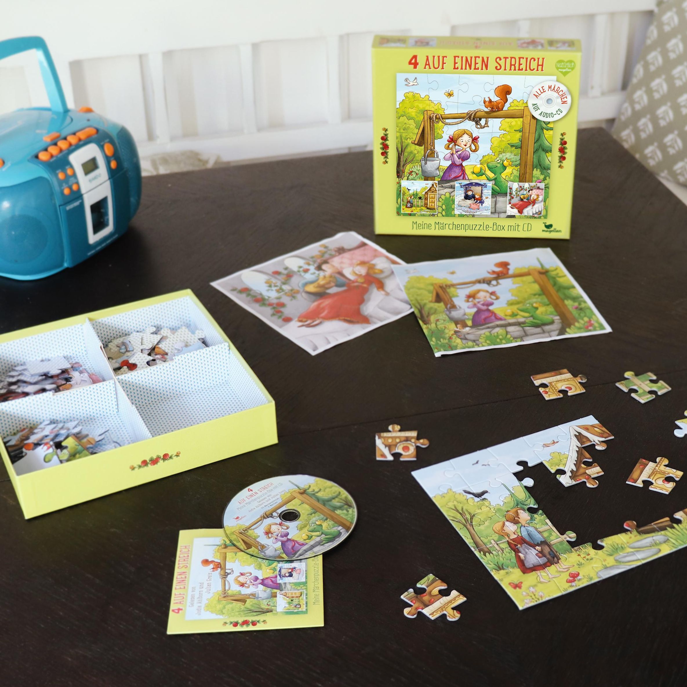 4 auf einen Streich – Meine Märchenpuzzle-Box 4x25-teilig – mit CD