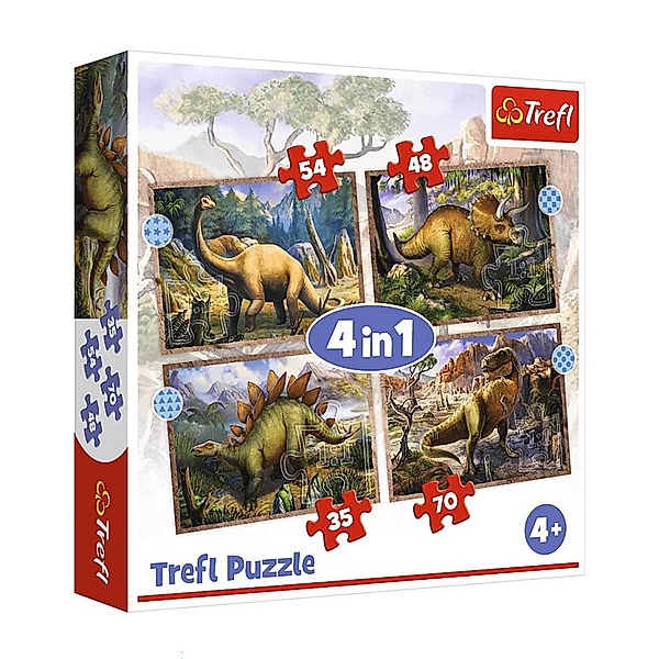 Trefl 4 in 1 Puzzle 35, 48, 54, 70 Teile - Dinosaurier (Kinderpuzzle)