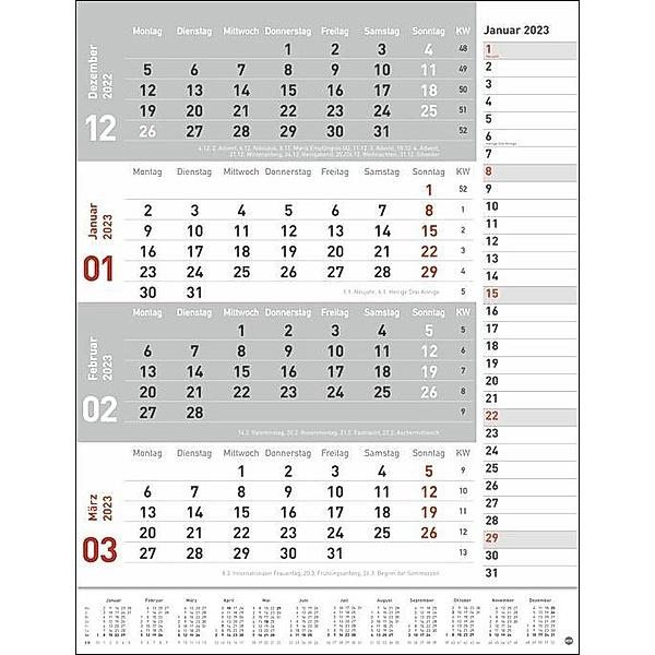 4-Monats-Planer rot 2023. Praktischer Wandplaner mit Datumsschieber. Büro-Kalender mit Notizspalte und Jahresübersicht.