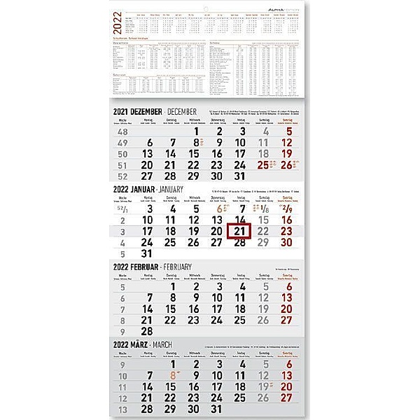 4-Monatskalender 2022 - Büro-Kalender 30x63 cm (geöffnet) - mit Datumsschieber - Alpha Edition