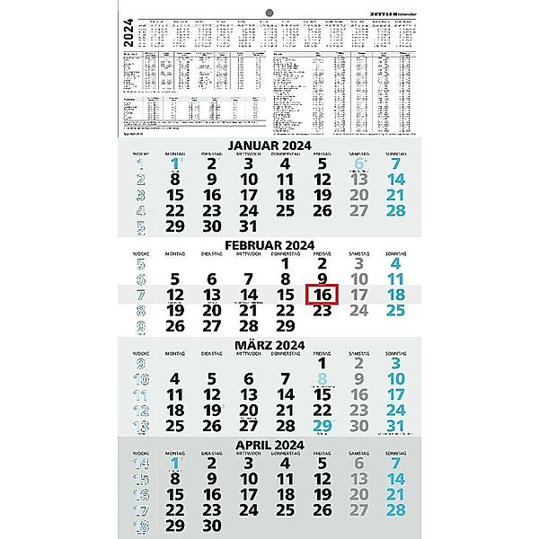 4-Monatskalender blau 2024 - 33x58,8 - mit Kopftafel - Datumsschieber -    959-0015-1