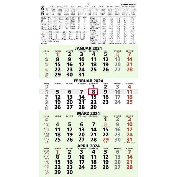 4-Monatskalender Recycling 2024 - 33x58,8 cm - mit Kopftafel und Datumsschieber - Blauer Engel - Mehrmonatsplaner - 959-0700