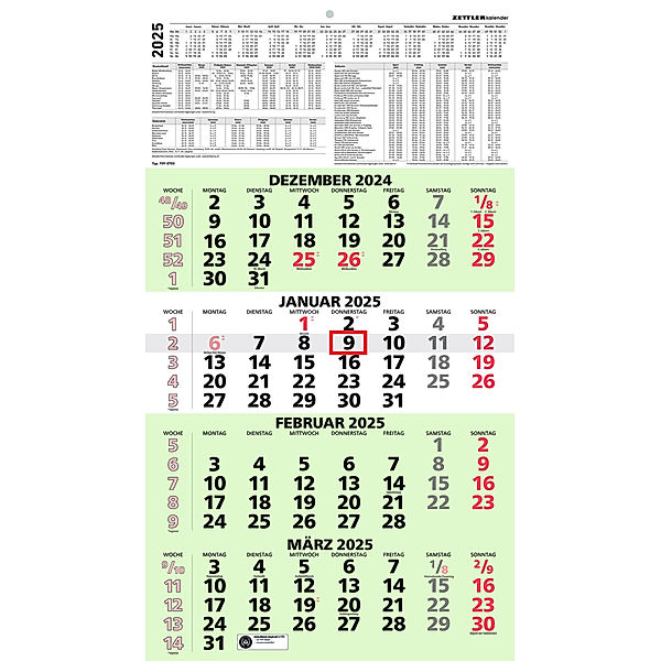 4-Monatskalender Recycling 2025 - 33x45 cm - mit Kopftafel und Datumsschieber - Blauer Engel - Mehrmonatsplaner - 959-0700