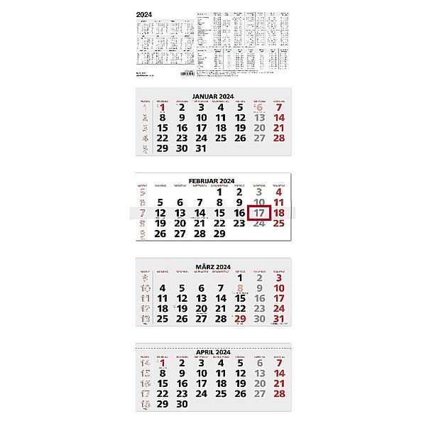 4-Monatskalender rot 2024 - 33,5x87,5 - mit Kopftafel - Datumsschieber - faltbar - 964-0011