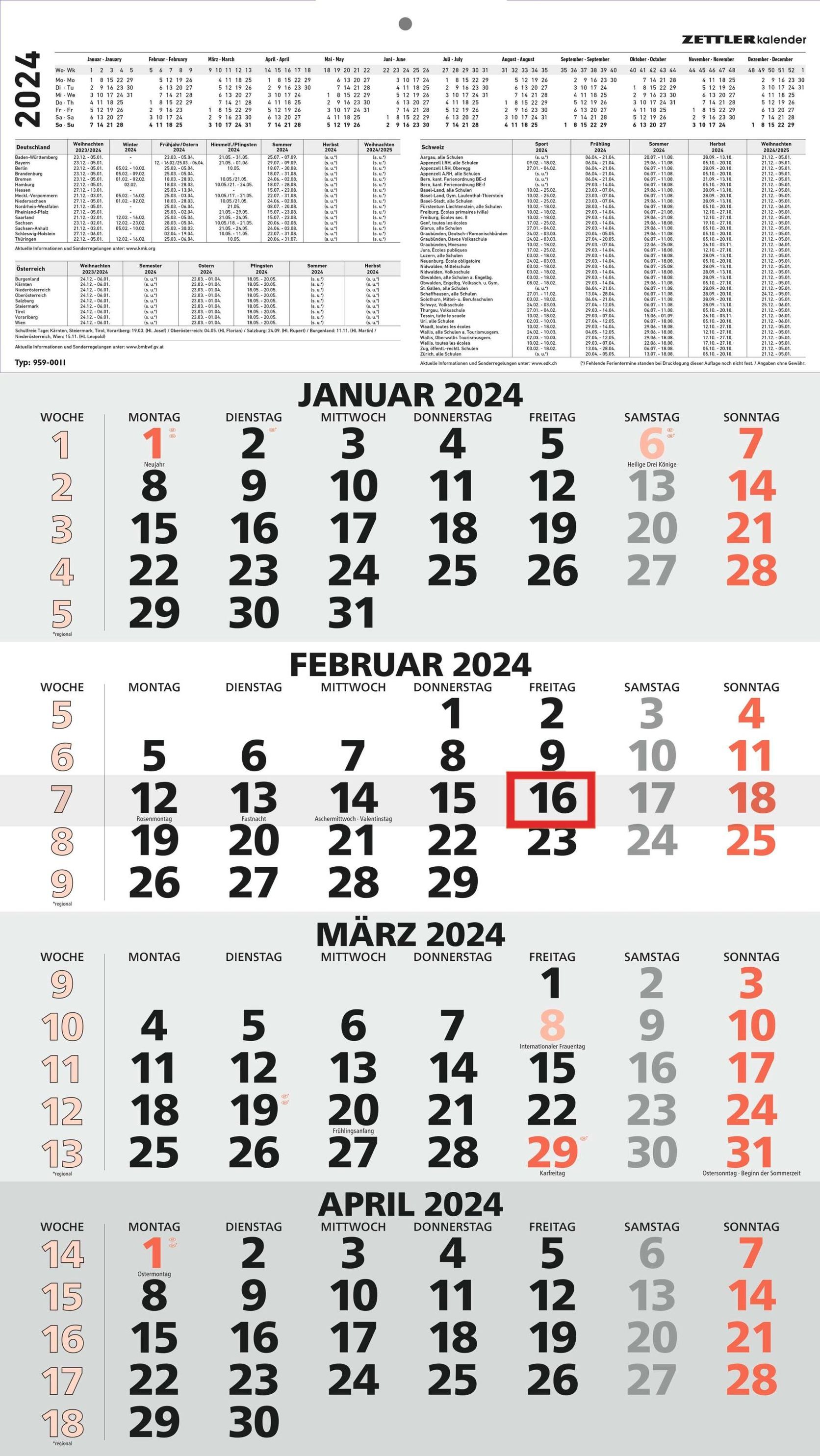 4-Monatskalender rot 2024 - 33x58,8 - mit Kopftafel - Datumsschieber-  959-0011-1 - Kalender bestellen