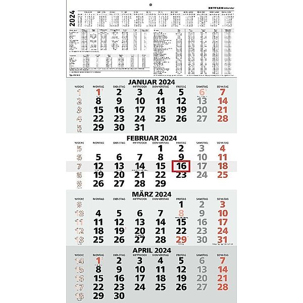 4-Monatskalender rot 2024 - 33x58,8 - mit Kopftafel - Datumsschieber-       959-0011-1