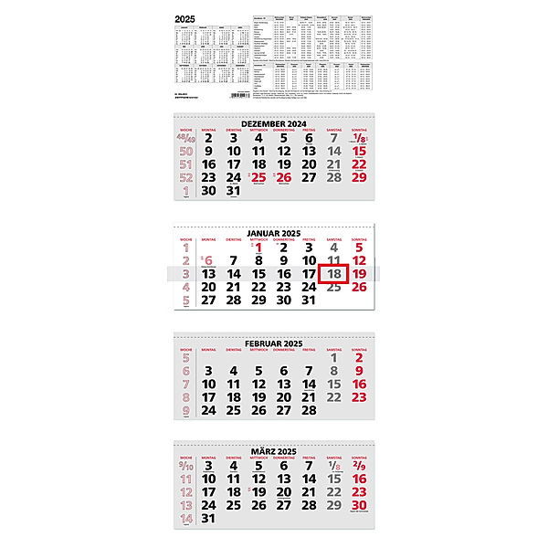 4-Monatskalender rot 2025 - 31x13,5 - mit Kopftafel - Datumsschieber - faltbar - 964-0011