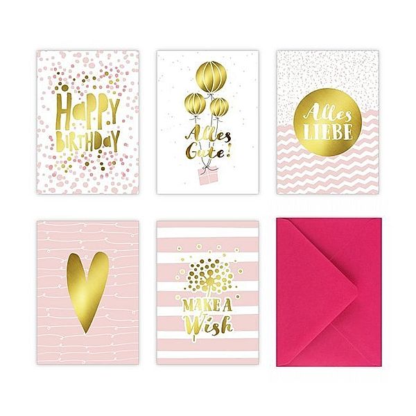 5 Geburtstagskarten im Set inkl. Umschläge in pink, Lisa Wirth