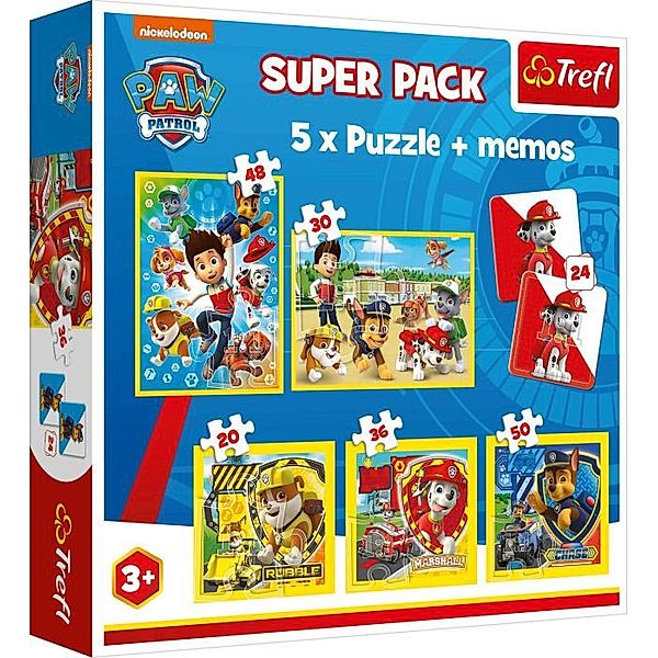 5 in 1 Puzzle + Memo – Paw Patrol 20, 30, 36, 48, 50 Teile + Memo 2x12 Tafeln