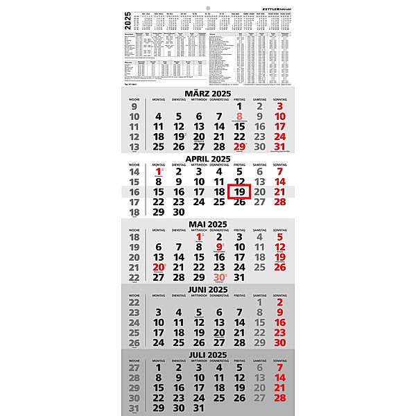 5-Monatskalender 2025 - Büro-Kalender 30x58 cm (geöffnet) - mit Datumsschieber - Zettler - 971-0011