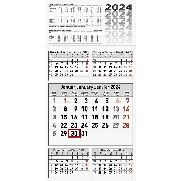 5-Monatskalender, Wandkalender, 2024, einteilig, Fond: grau