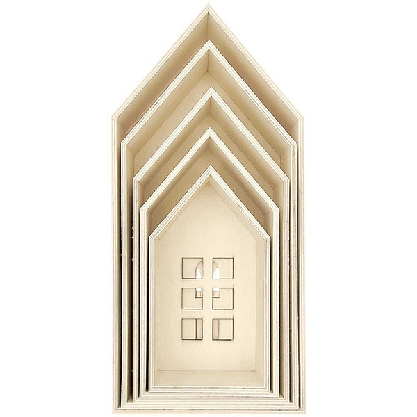5er Set Holz-Deko-Häuser aus Holz mit Fenstern, FSC 100%