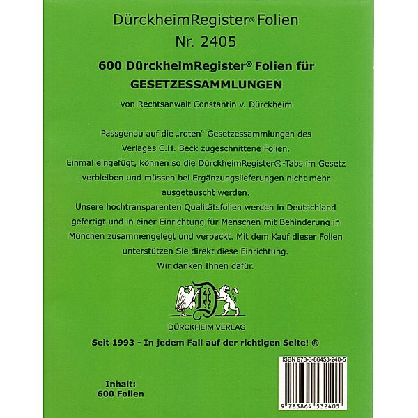 600 DürckheimRegister®-FOLIEN für STEUERGESETZE u.a; zum Einheften und Unterteilen der Gesetzessammlungen