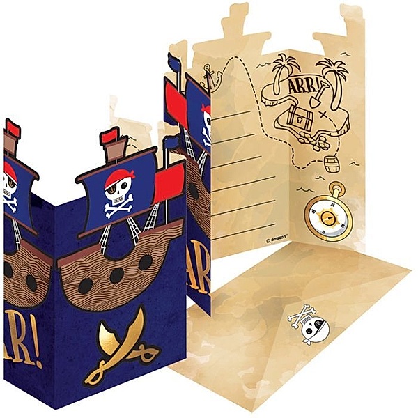 8 Einladungskarten & Umschläge Pirates Map Papier