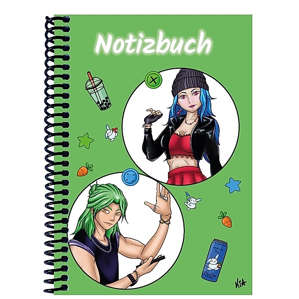 A 4 Notizbuch Manga Quinn und Enora, grün, blanko
