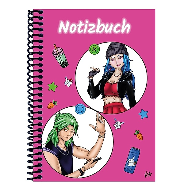 A 4 Notizbuch Manga Quinn und Enora, pink, kariert
