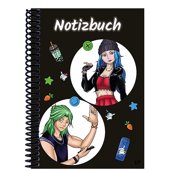 A 4 Notizbuch Manga Quinn und Enora, schwarz, kariert