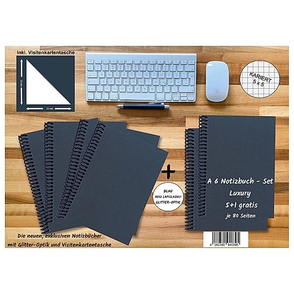 A 6 Notizbuch - Set, 4+2 gratis, Luxury 80 Seiten BLAU NEW LAPISLAZULI GLITTER-OPTIK, kariert 5x5mm