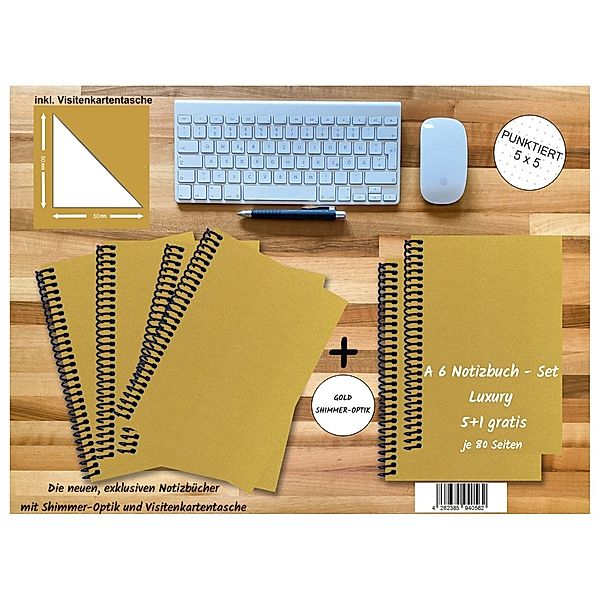 A 6 Notizbuch - Set, 4+2 gratis, Luxury 80 Seiten GOLD GMUND SHIMMER, punktiert 5x5mm