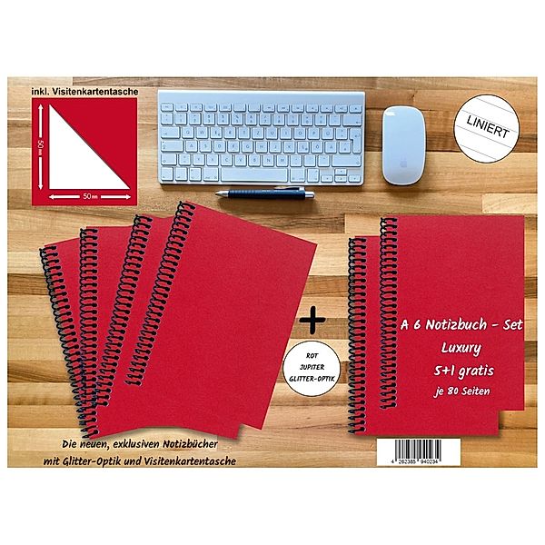 A 6 Notizbuch - Set, 4+2 gratis, Luxury 80 Seiten ROT JUPITER GLITTER-OPTIK, liniert