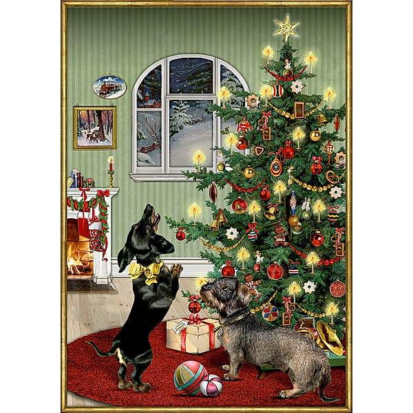 A3-Wandkalender - Dackel im Weihnachtszimmer