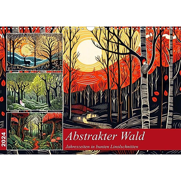 Abstrakter Wald - Jahreszeiten in bunten Linolschnitten (Wandkalender 2024 DIN A3 quer), CALVENDO Monatskalender, Anja Frost