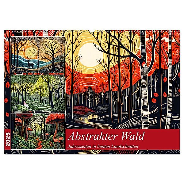 Abstrakter Wald - Jahreszeiten in bunten Linolschnitten (Wandkalender 2025 DIN A2 quer), CALVENDO Monatskalender, Calvendo, Anja Frost
