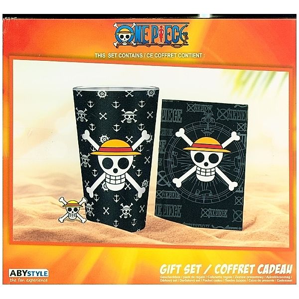 ABY style - One Piece Skull Giftset XL-Glas, Pin und Notizbuch