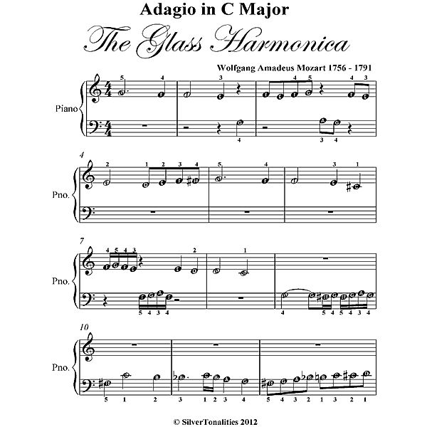 Adagio in C Major Glass Harmonica Beginner Piano Sheet Music, Wolfgang Amadeus Mozart